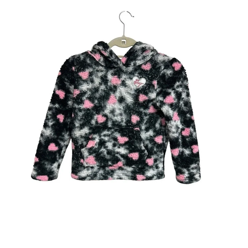 Betsey Johnson Hoodie Girls Size 7/8 Black Gray Pink Hearts Sherpa